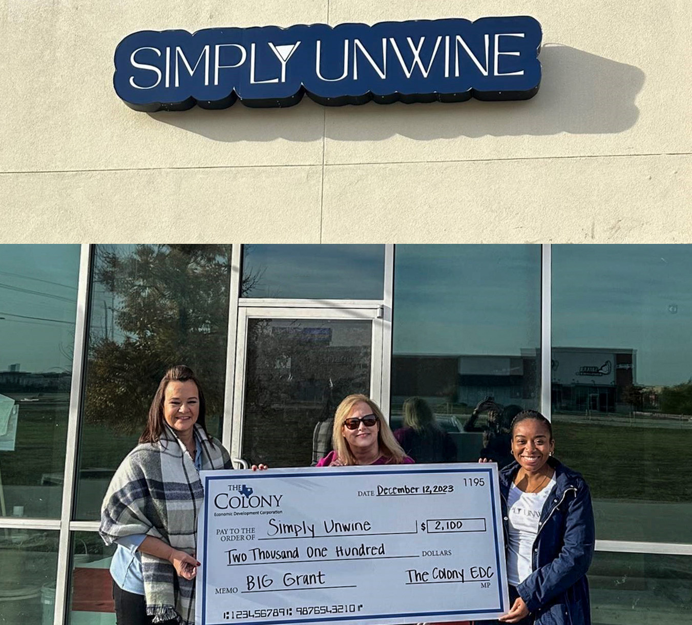 From left, Diane Lemmons, Business Retention and Expansion Manager, and Keri Samford, Executive Director of Development for The Colony Economic Development Corporation with Whitney Adams, co-owner of Simply Unwine.