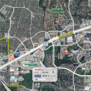 5101 Main St Aerial map of The Colony, Texas, highlighting a development site along FM 423 near Lewisville Lake, north of SH 121, with nearby schools, retail centers, Grandscape, and the Stonebriar commercial area shown for context.