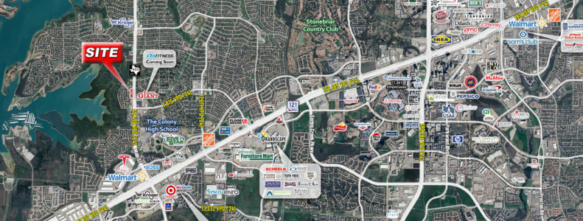 Aerial map of The Colony, Texas, highlighting a development site along FM 423 near Lewisville Lake, north of SH 121, with nearby schools, retail centers, Grandscape, and the Stonebriar commercial area shown for context.