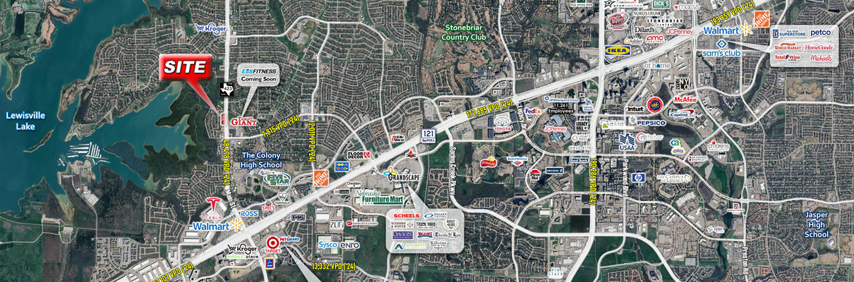 Aerial map of The Colony, Texas, highlighting a development site along FM 423 near Lewisville Lake, north of SH 121, with nearby schools, retail centers, Grandscape, and the Stonebriar commercial area shown for context.