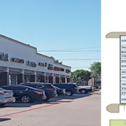 Street view of a neighborhood shopping center with multiple storefronts and parked vehicles, shown alongside a site plan identifying tenants and parking access from Memorial Drive.