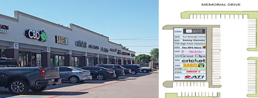 Street view of a neighborhood shopping center with multiple storefronts and parked vehicles, shown alongside a site plan identifying tenants and parking access from Memorial Drive.