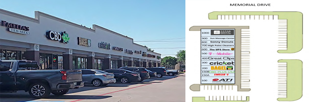 Street view of a neighborhood shopping center with multiple storefronts and parked vehicles, shown alongside a site plan identifying tenants and parking access from Memorial Drive.