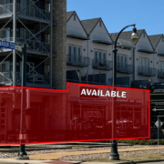 6800Windhaven Street-level view of Austin Square, a mixed-use commercial development, with a ground-floor retail space highlighted in red and marked “Available,” beneath multi-story residential units at Windhaven Parkway.