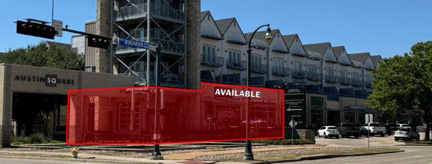 Street-level view of Austin Square, a mixed-use commercial development, with a ground-floor retail space highlighted in red and marked “Available,” beneath multi-story residential units at Windhaven Parkway.
