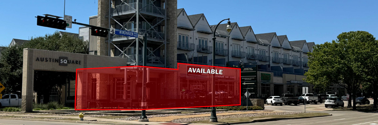 Street-level view of Austin Square, a mixed-use commercial development, with a ground-floor retail space highlighted in red and marked “Available,” beneath multi-story residential units at Windhaven Parkway.