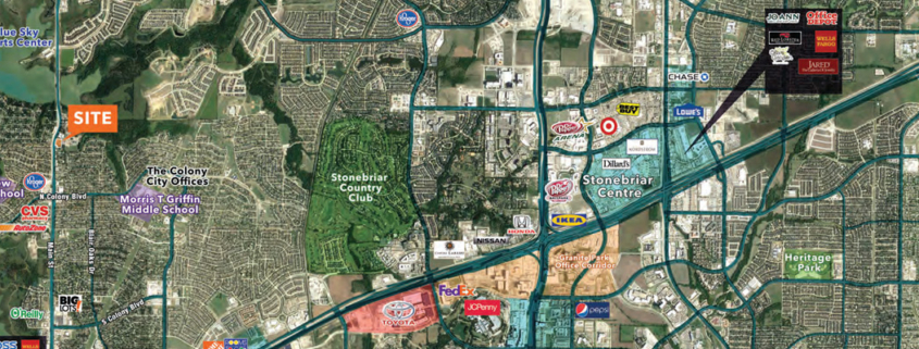Aerial map of The Colony and surrounding area highlighting a site along Main Street/FM 423, with nearby neighborhoods, The Colony City Offices, Stonebriar Country Club, Stonebriar Centre, major retailers, and SH 121 shown for location context.