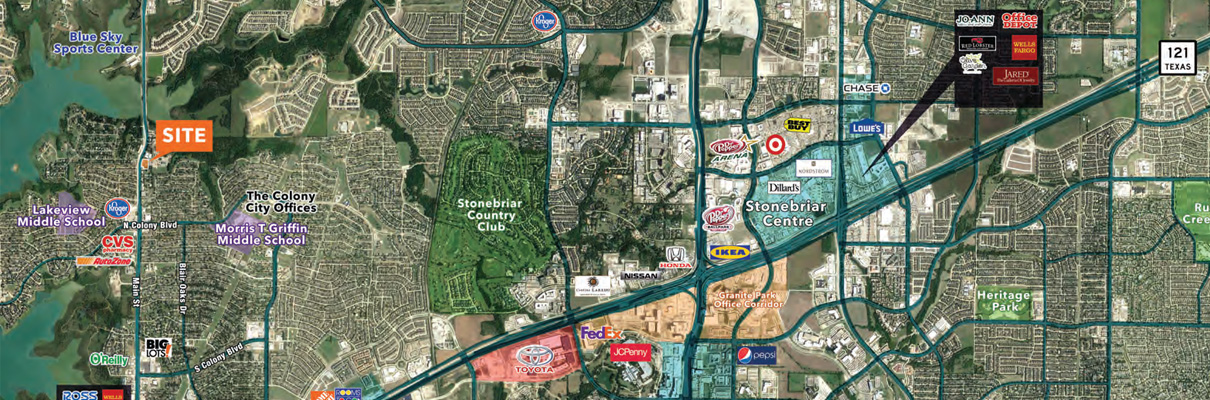 Aerial map of The Colony and surrounding area highlighting a site along Main Street/FM 423, with nearby neighborhoods, The Colony City Offices, Stonebriar Country Club, Stonebriar Centre, major retailers, and SH 121 shown for location context.