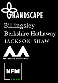The Colony EDC developer partner logos, including NFM, Billingsley, Berkshire Hathaway, Jackson Shaw and Grandscape. Logos are white on a black background.