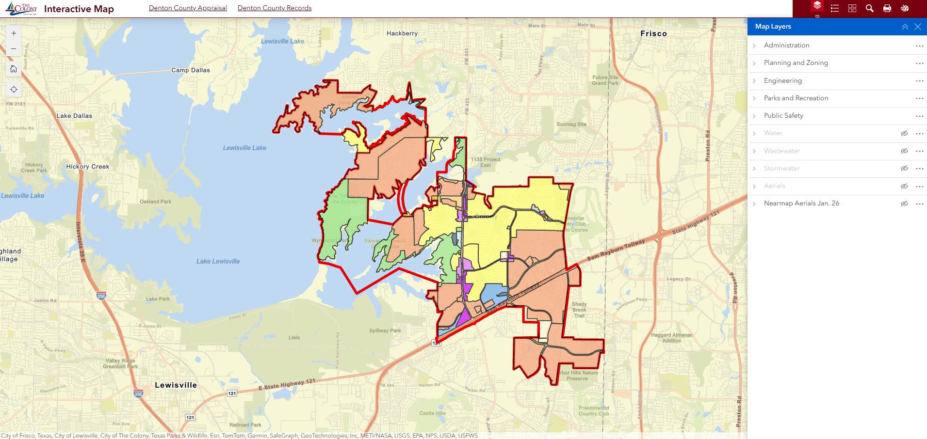 Screenshot of the GIS mapping application used by the City of The Colony.