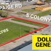 Aerial view of an approximately 1.66-acre commercial site outlined in red at South Colony Boulevard and Paige Road, located between CVS Pharmacy and Dollar General.