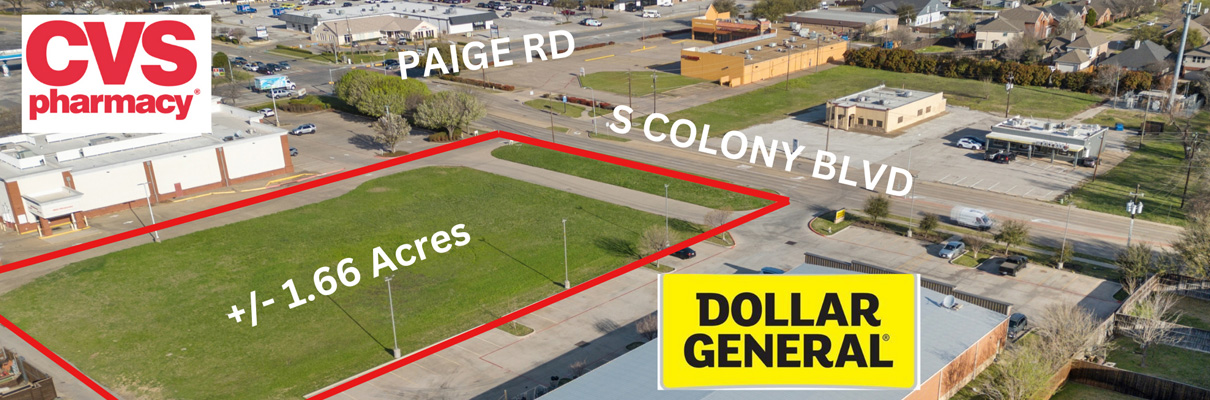 Aerial view of an approximately 1.66-acre commercial site outlined in red at South Colony Boulevard and Paige Road, located between CVS Pharmacy and Dollar General.